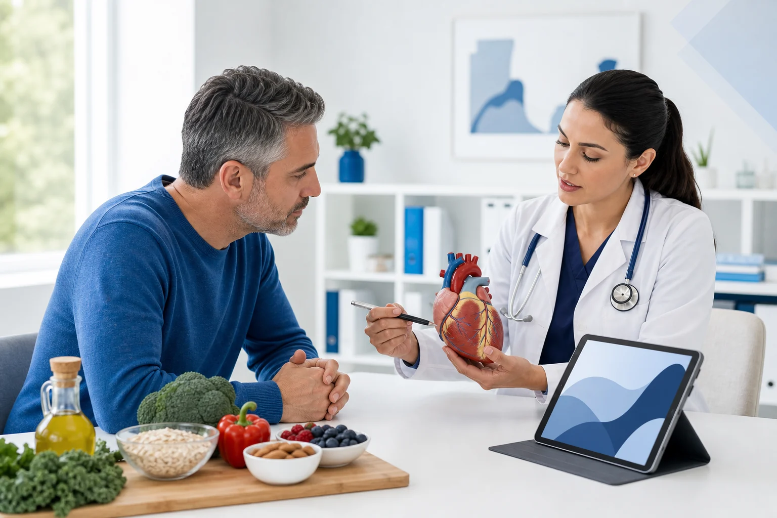 Primary care clinician explaining high cholesterol health risks to a patient
